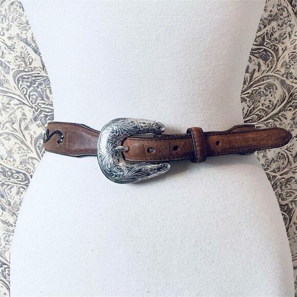 Vintage Tony Lama Western Cowboy Concho Brown Belt Metal 28” Medium - Picture 1 of 6